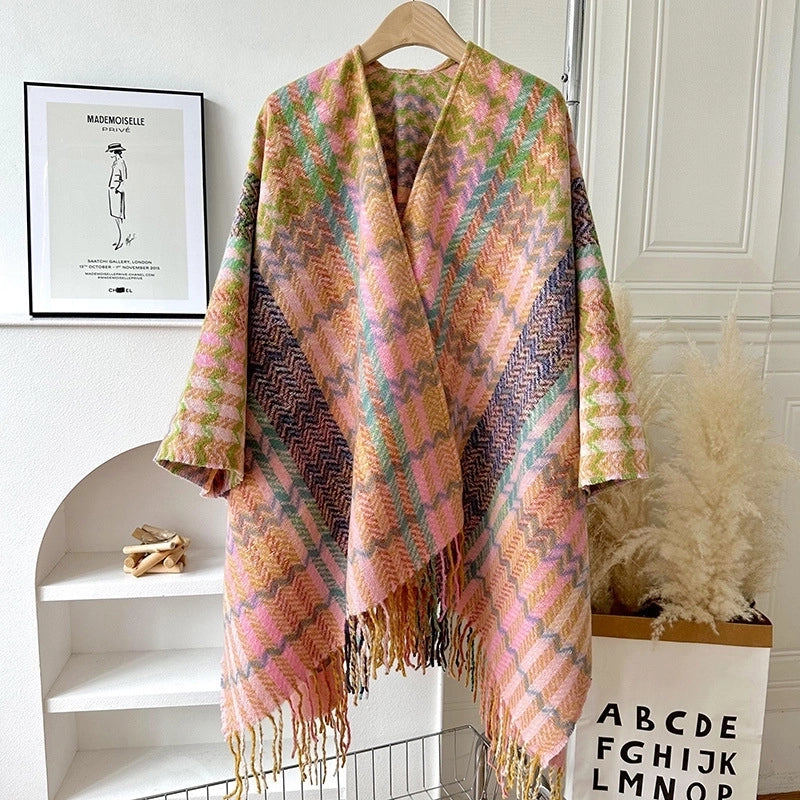 Yunnan Lijiang Travel Outside Knitted Shawl Ethnic Style Vintage Cape Cloak Tassel Scarf For Vacation Wear