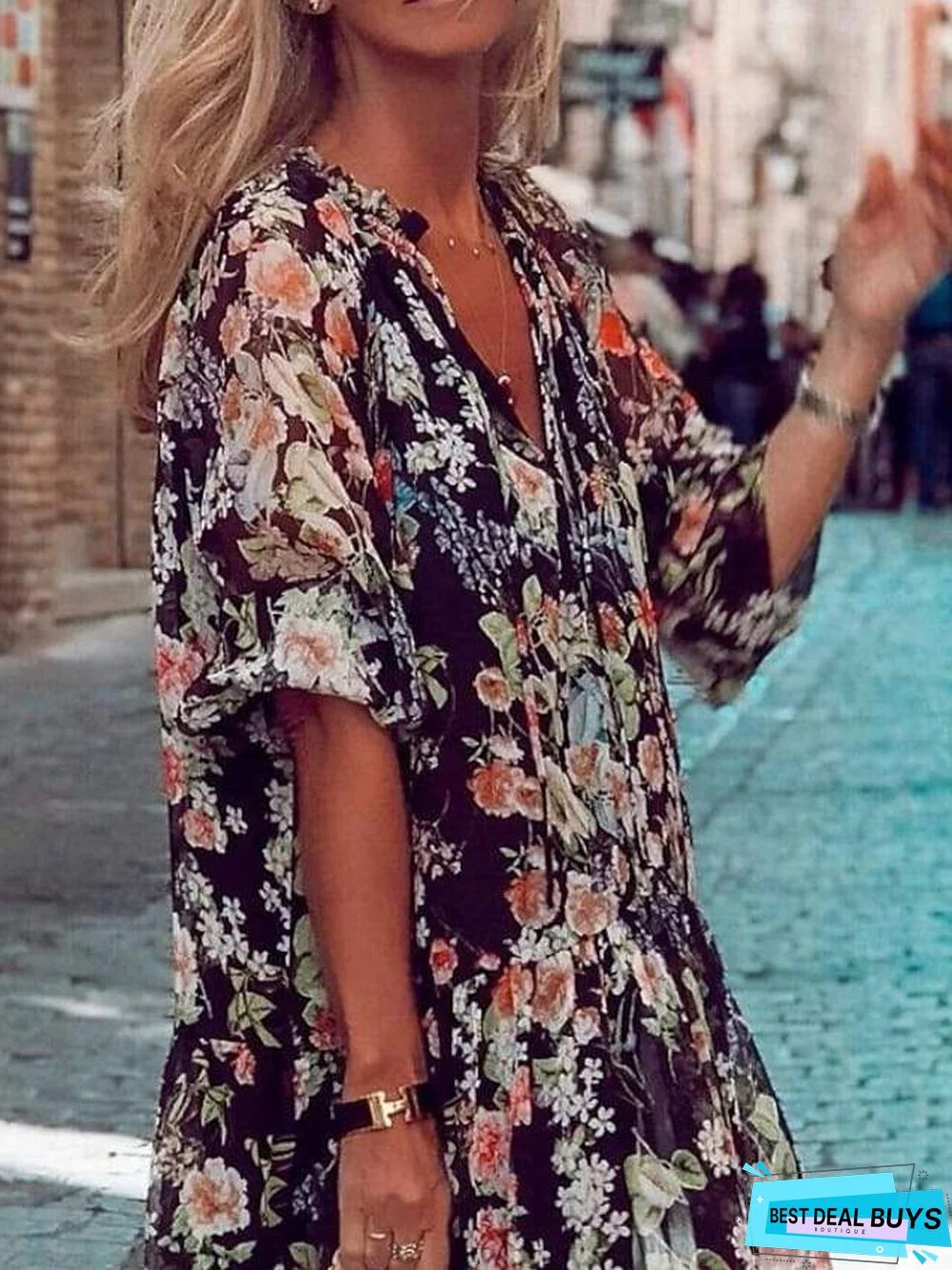 Women's Loose Midi Dress Half Sleeve Floral / Botanical Spring Summer V Neck Vacation Boho Holiday Loose