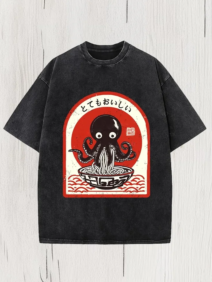 Men's Octopus Ramen Japanese Art Print Cotton Washed T-Shirt