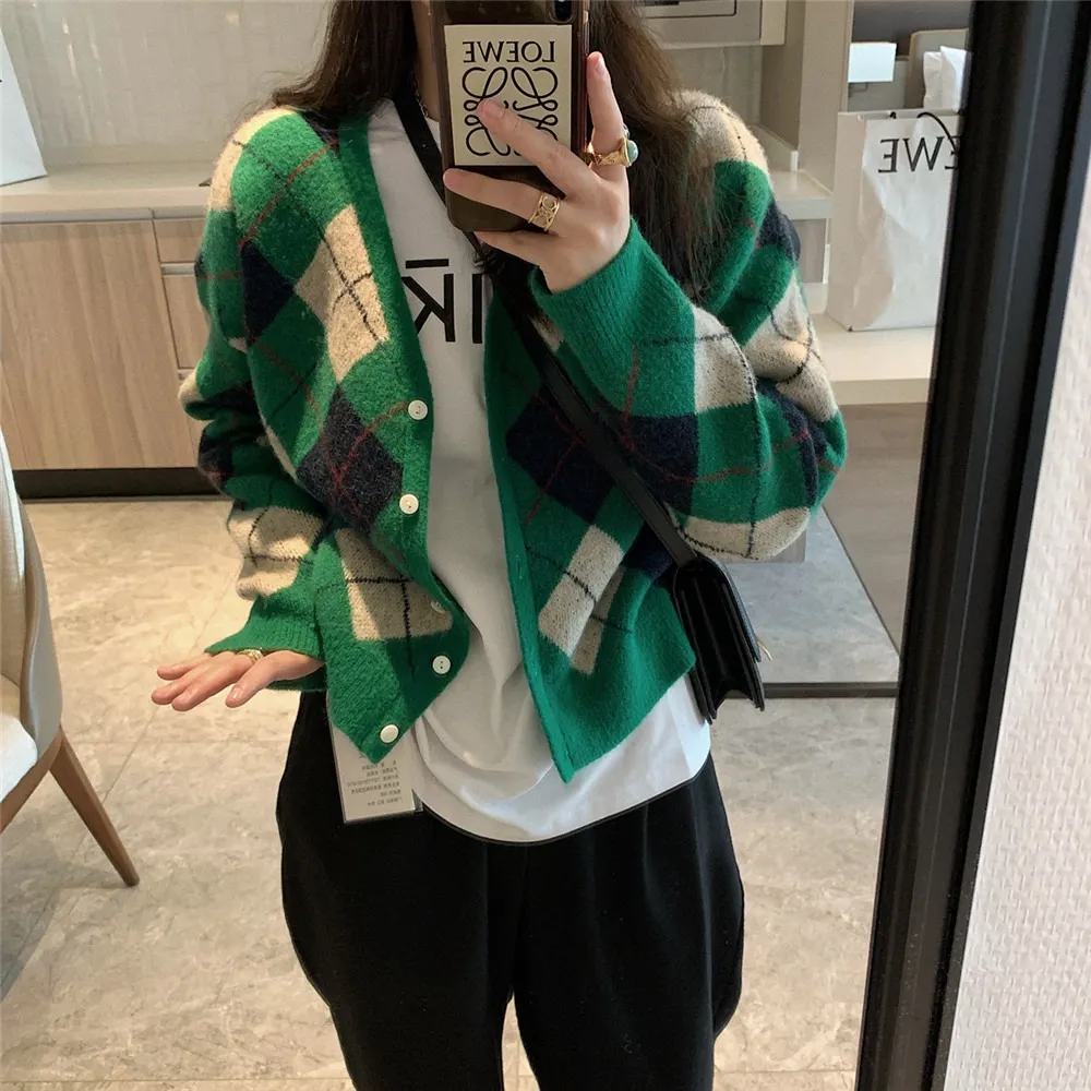 Churchf Version Bump Color Diamond Case Knitting Cardigan Female Autumn Winter New Wear Retro Loose V-Neck Sweater Coat Female