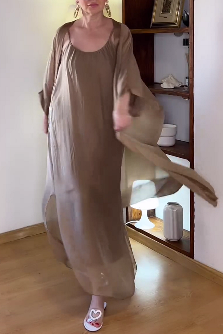 Ruched Sleeveless Maxi Dresses Long Cardigan Chiffon Matching Set [Pre Order]