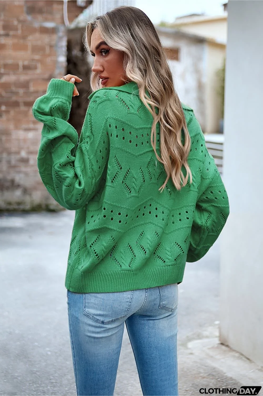 Openwork Long Sleeve Notched Neck Sweater