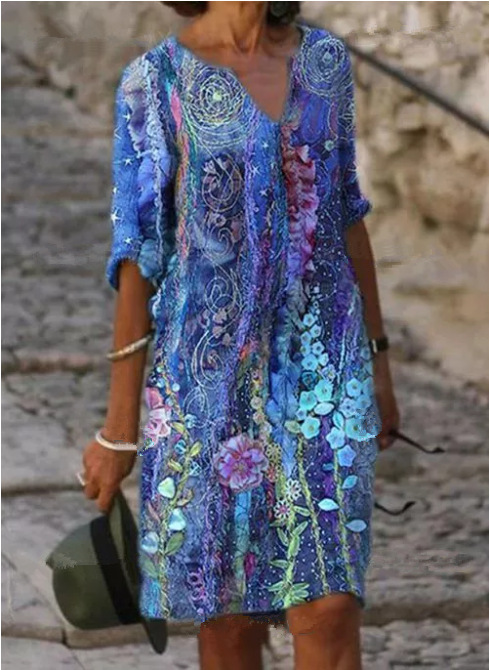 Older Women Floral Tunic V-neck A-line Dress