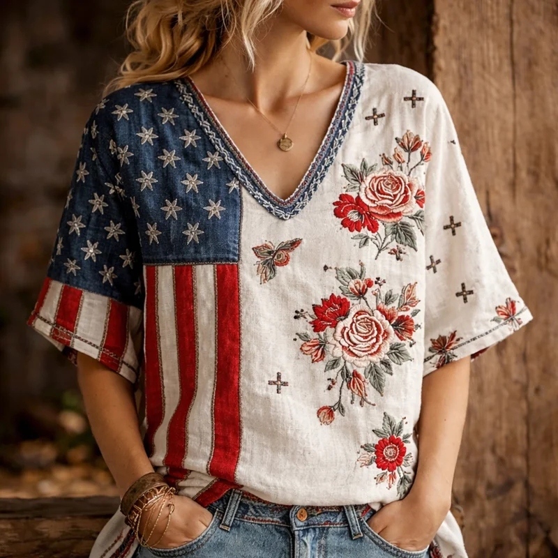 Comstylish Women's Flag Floral Embroidered Printed Linen T-shirt