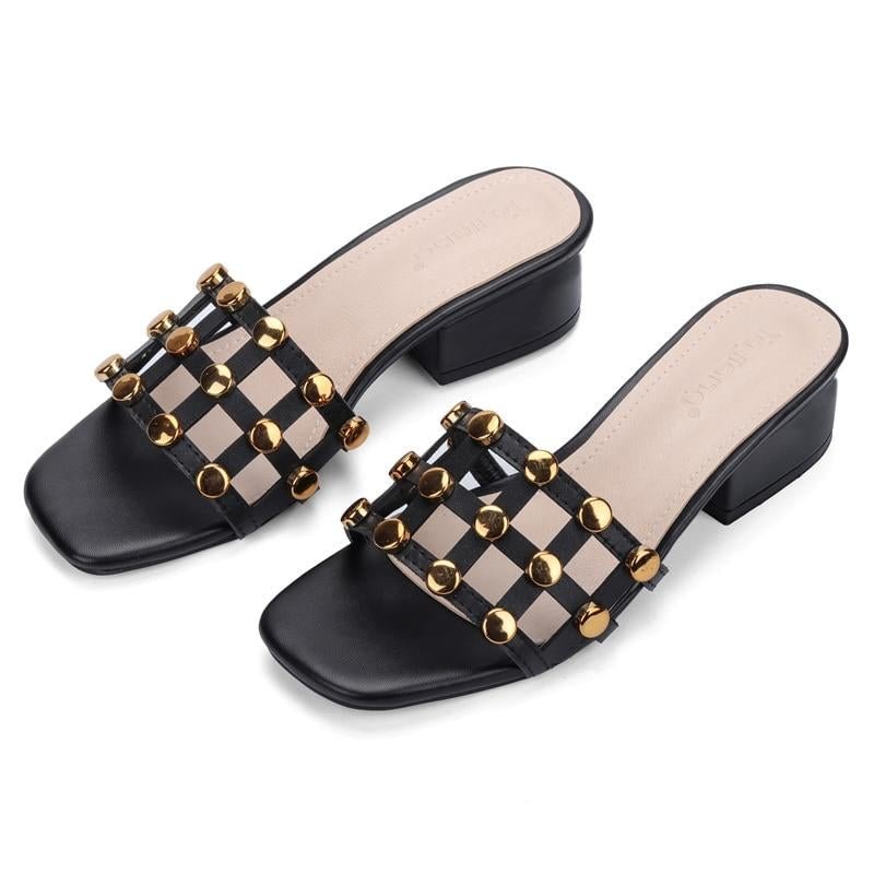 Genuine Cow Leather Rivets Women Square High Heels Gladiator Sandals Beach Slippers | EGEMISS