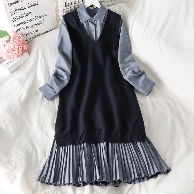 S-3XL Korean Plus Size Shirt+Knitted Long Vest Two-Piece Dress Set SP16957