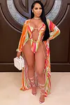 2 Pcs Printed Cardigan Cutout One Piece Bikini Swimsuit Set