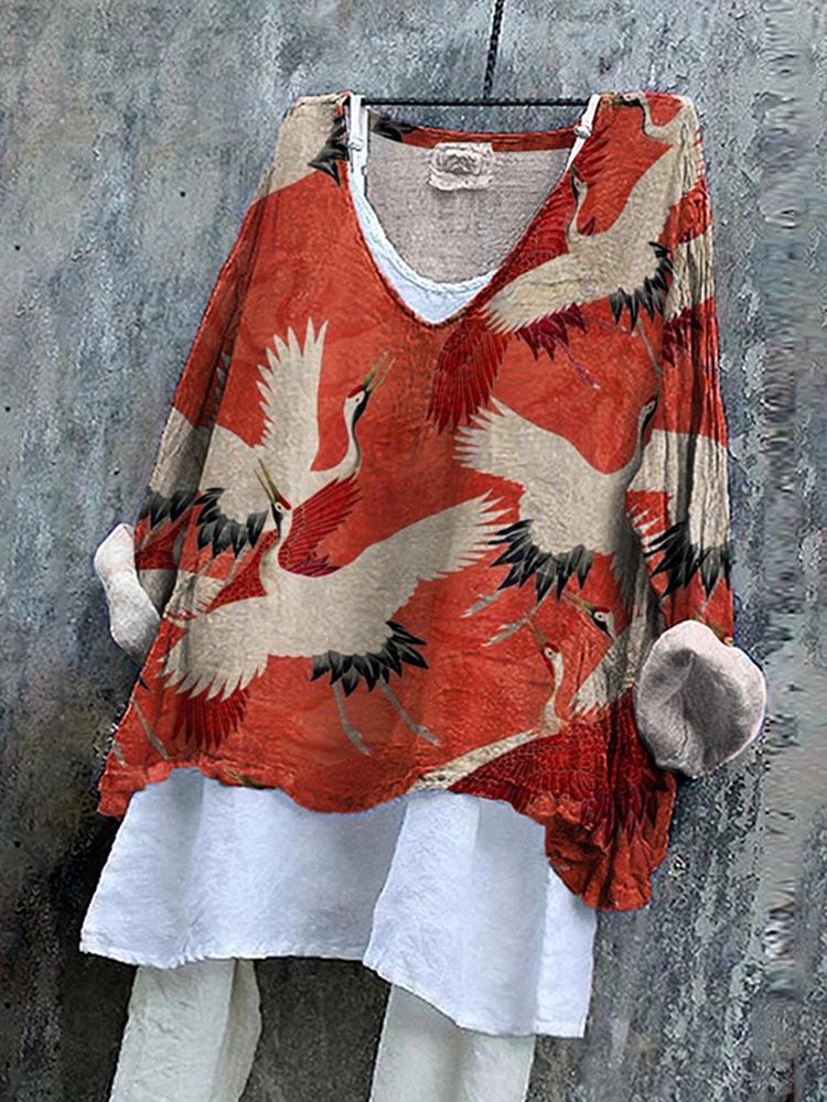 Comstylish Japanese Art Crane Print V-Neck Loose Blouse
