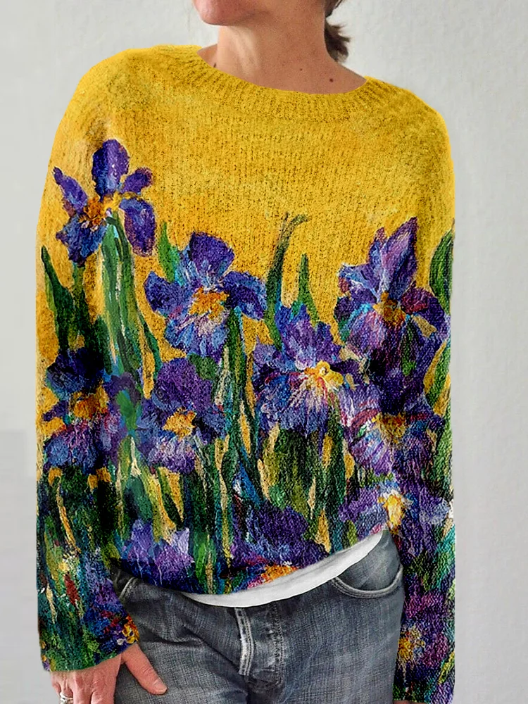 VChics Irises Painting Art Crew Neck Casual Cozy Sweater