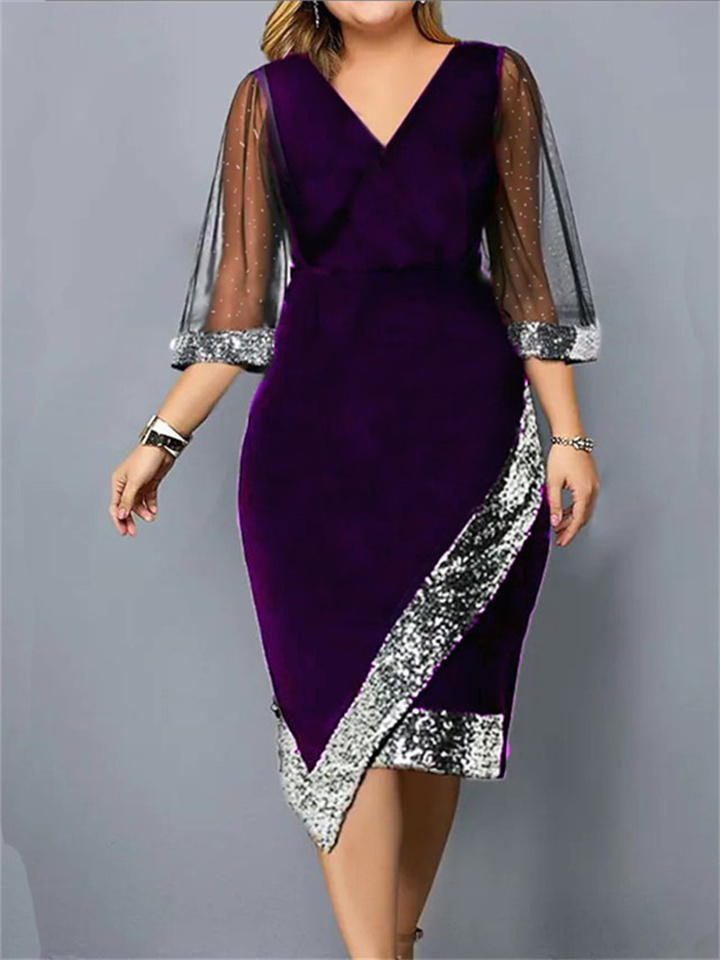 Golden Velvet Temperament Elegant V-neck Irregular Sequin See-through Mesh Ladies Dresses