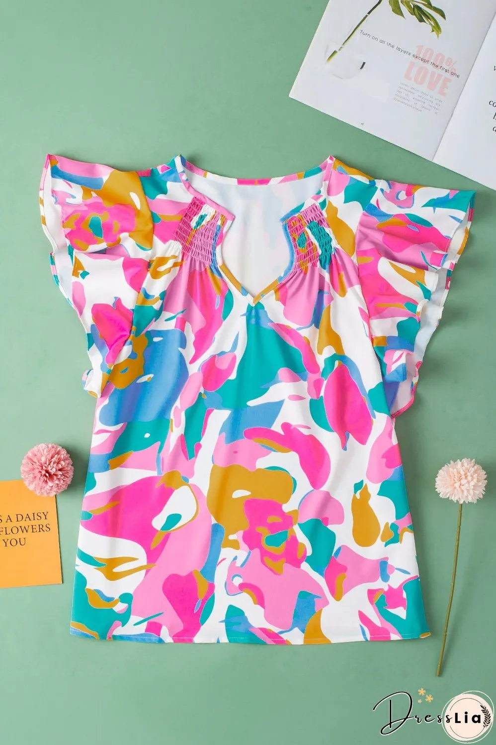 Abstract Print Notched Neck Flutter Sleeve Blouse