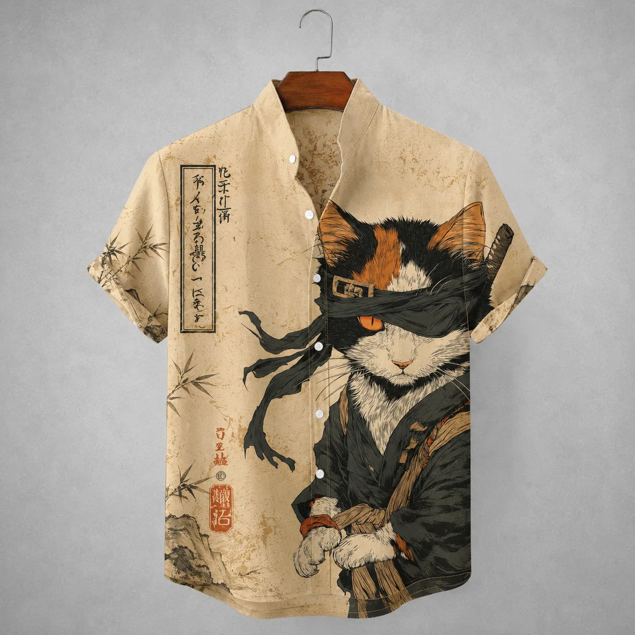 Men's Vintage Japanese Cat Art Short Sleeve Shirt  artssus