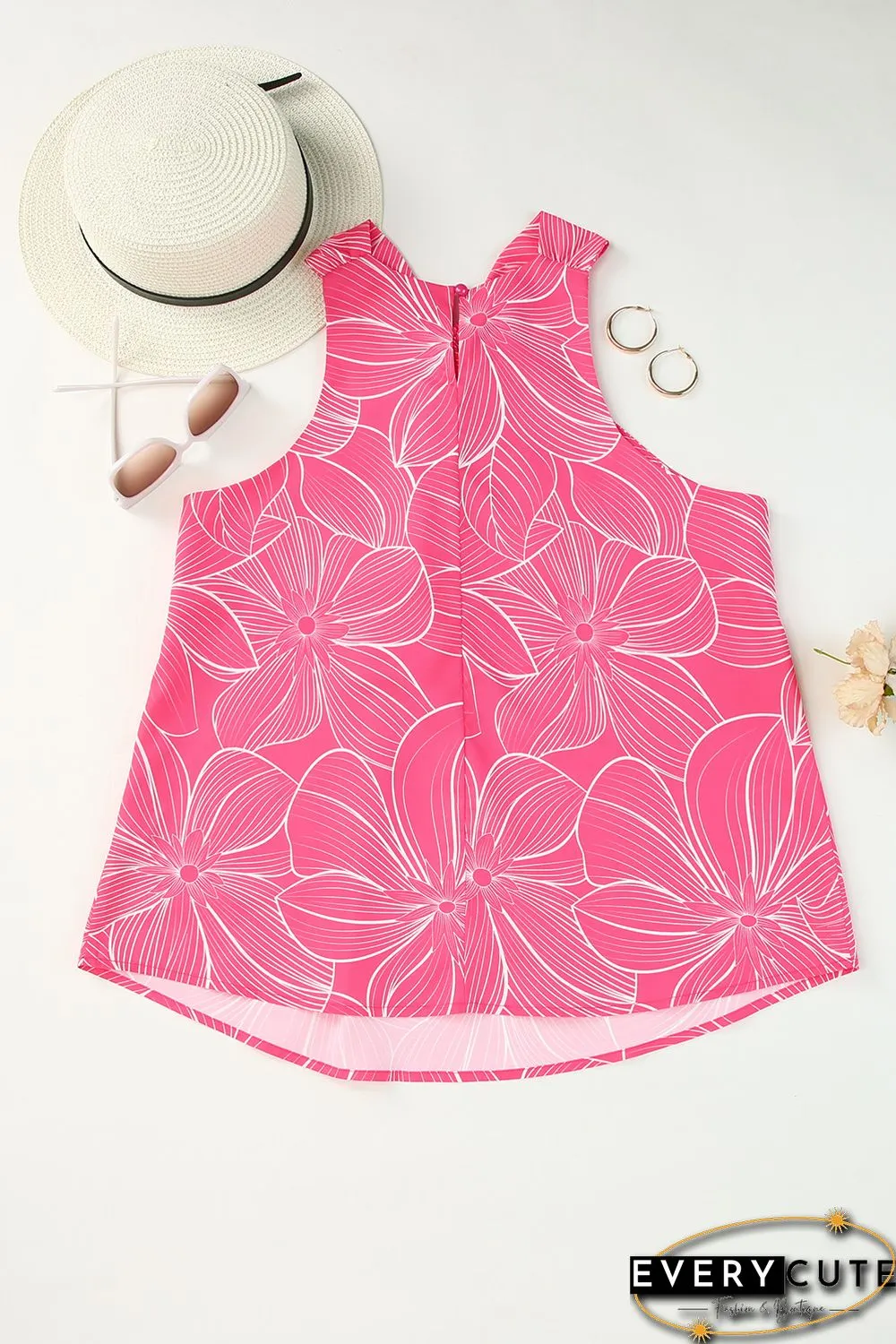 Pink Blooming Floral Printed Twisted Neck Tank Top