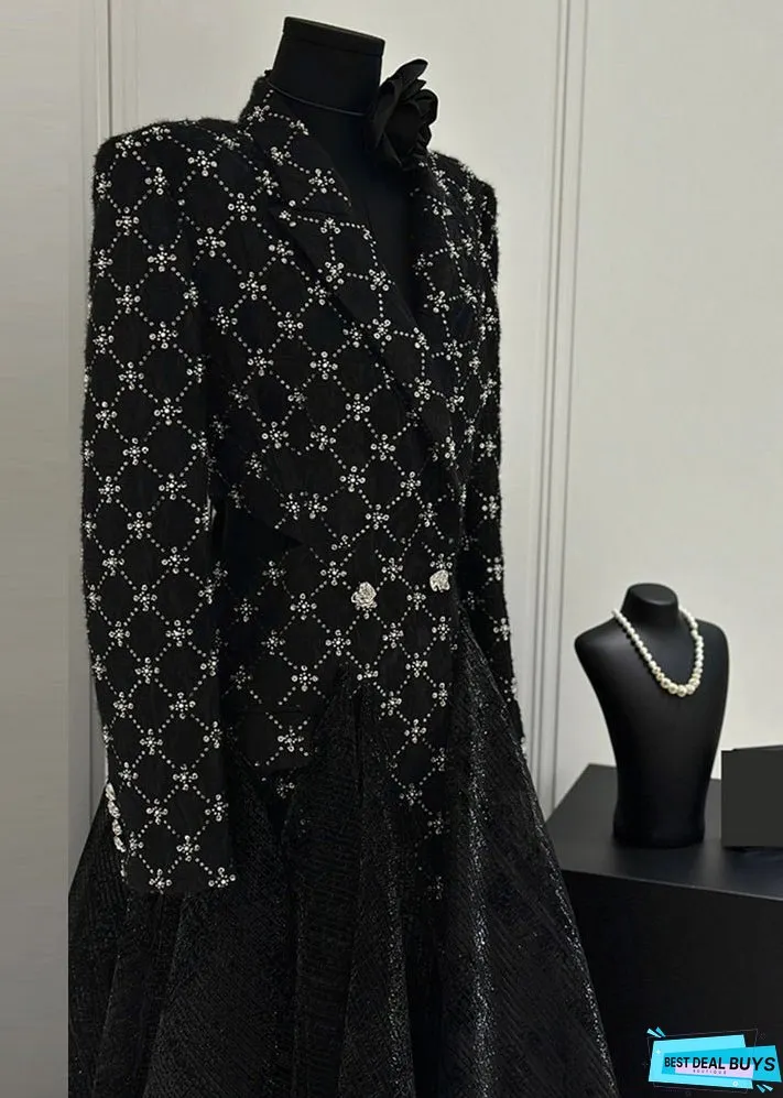 Slim Fit Black Plaid Patchwork Tulle Maxi Dress Fall