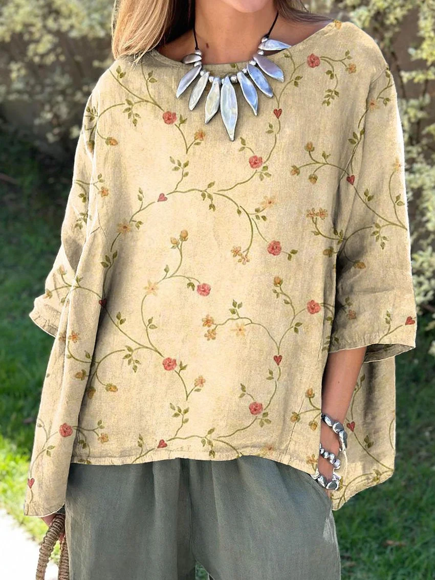 Women's Retro Elegant Floral Art Print Casual Cotton And Linen Shirt