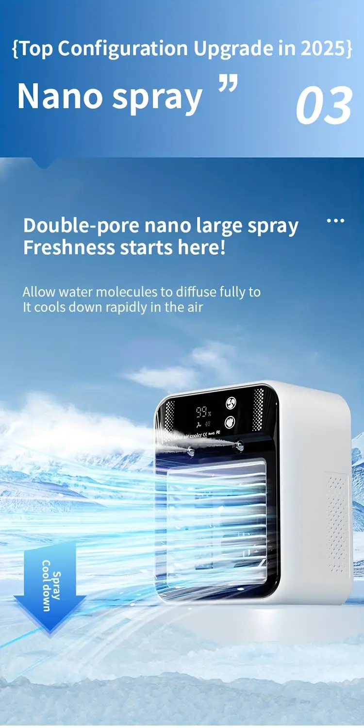 2025 new cooled fan with ice cooling portable desktop spray humidifier rechargeable or usb powered 2 battery capacity 3000mah square shape 36v or below no portable air cooler modern aesthetic durable build quality portable air cooler Product details 3