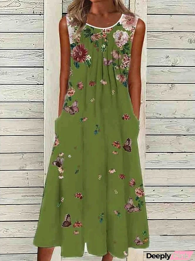 Women's Dress - Casual Dress Shift Dress Midi Dress White Green Gray Sleeveless Floral Ruched Summer Spring Crew Neck Basic S M L XL XXL 3XL