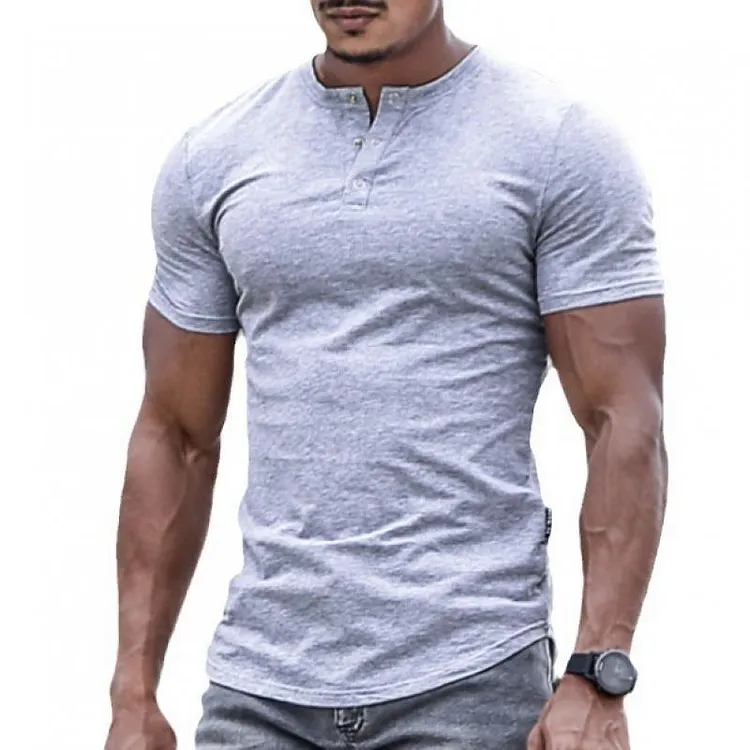 Men's Casual Henley Collar Stretch Slim Fit Short Sleeve T-Shirt