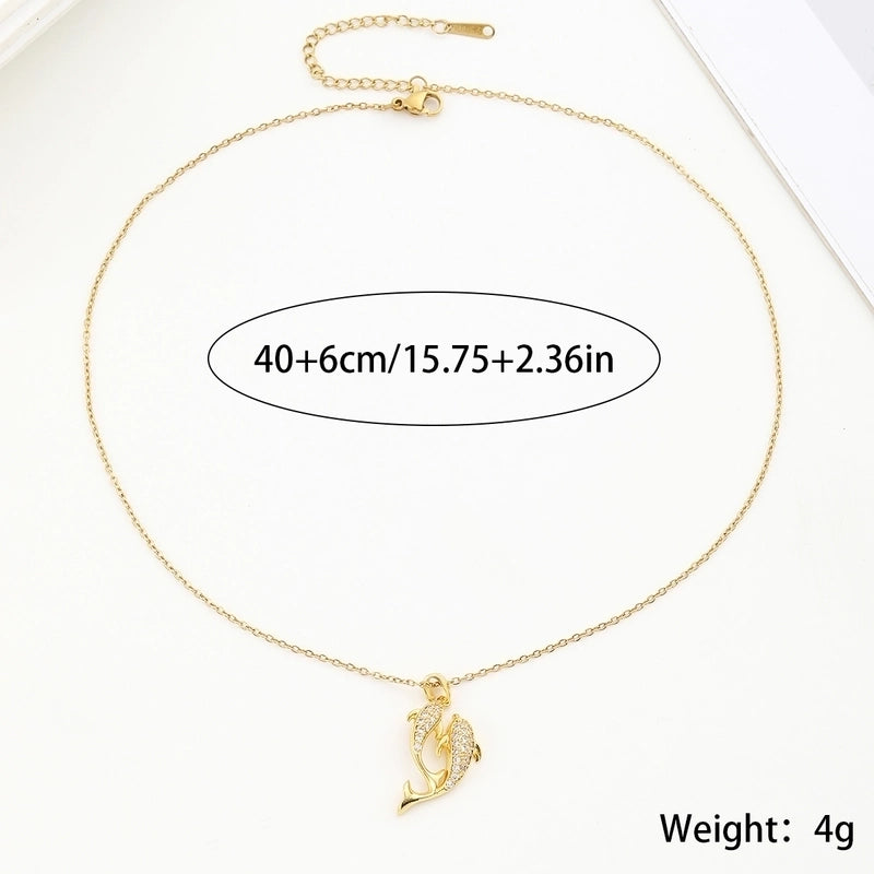 304 Stainless Steel Copper Inlay Dolphin Zircon Pendant Necklace