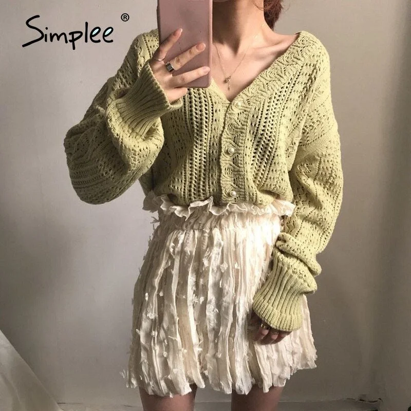 Simplee Lace hook flower V-neck pearl button knitted cardigan coat Casual sweater cardigan Elegant autumn ladies sweater tops