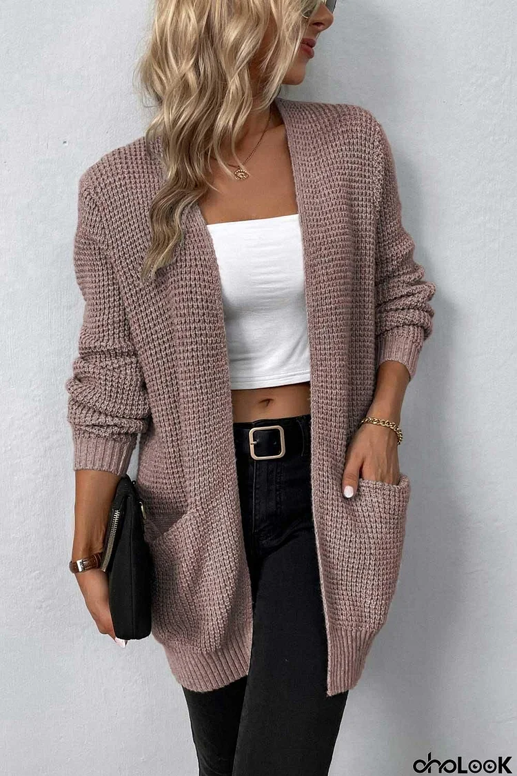 Rib-Knit Open Front Pocketed Cardigan