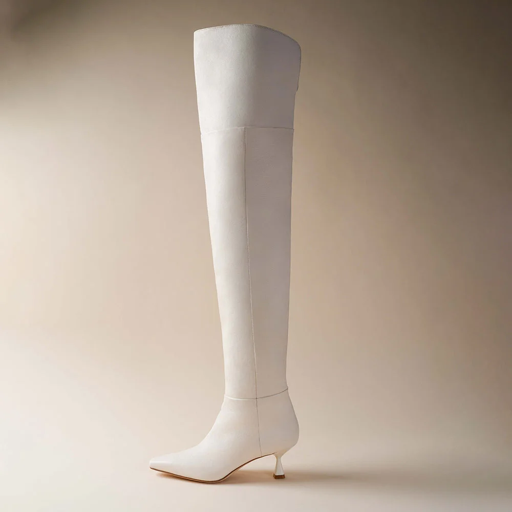 Women's Ivory Pointed Toe Kitten Heel Zipper Thigh High Boots