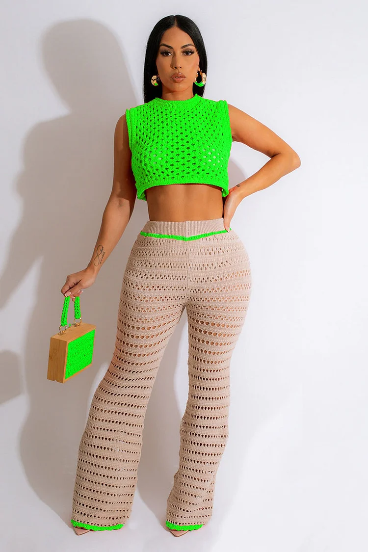 Crochet Colorblock Sleeveless Crop Top Flare Leg Vacation Pants Matching Set