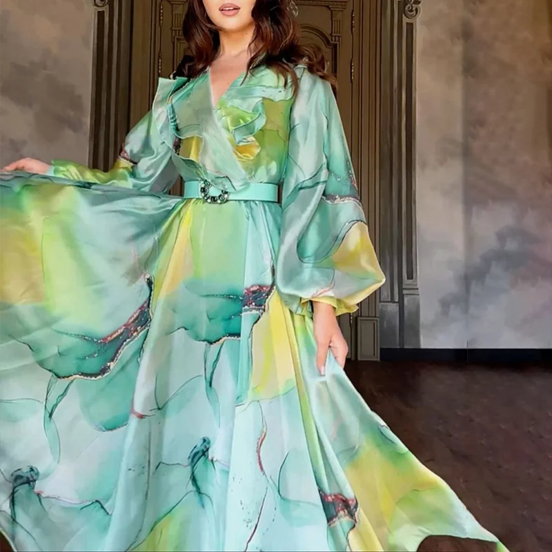 Uveng Uveng Spring And Summer New Printing Big Swing Collar Mesh Dress Commuted Large Size Women's Dress