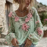 Women's Pink Rose Embroidery Art Round Neck Long Sleeve Linen Blend T-shirt - Image 6