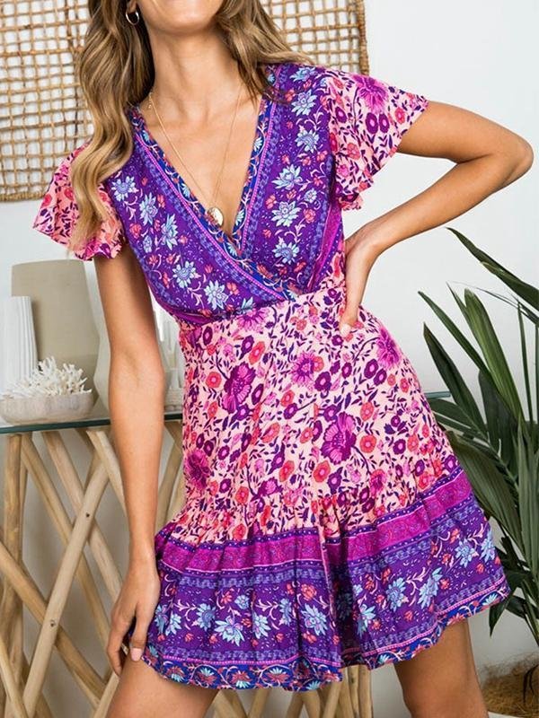 Sexy Bohemian Floral Pinrt Deep V-neck Summer Mini Dress