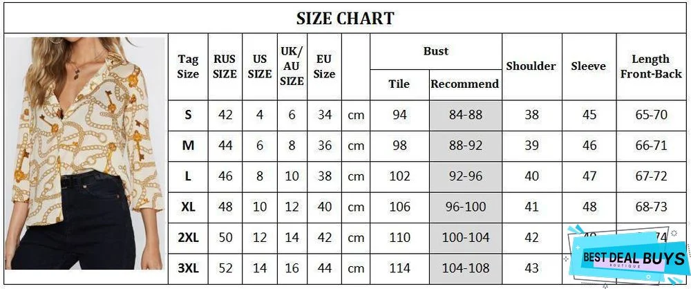 Women Chain Print Vintage Chiffon Blouse Turn-Down Collar Plus Size Loose Tops