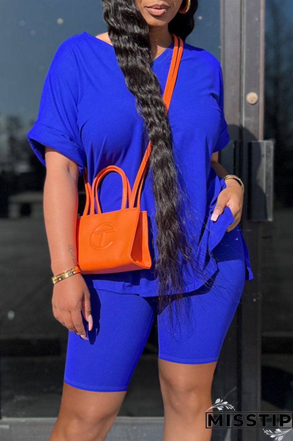 Rose Red Fashion Casual Solid Slit V Neck Short Sleeve Two Pieces