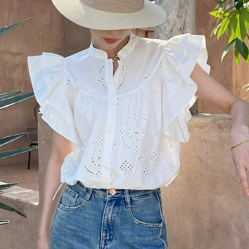 Uveng Uveng Sense Of White Shirt Summer French White Shirt Lotus Sleeves Of The Famous Wind Short Top Korean European Women's Clothing Tide