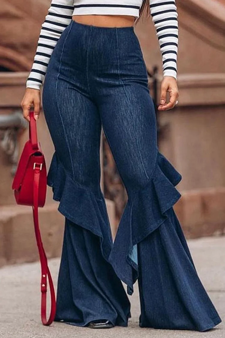 Plus Size Navy Blue Daily Denim High Waist Ruffle Bell Bottom Jeans 