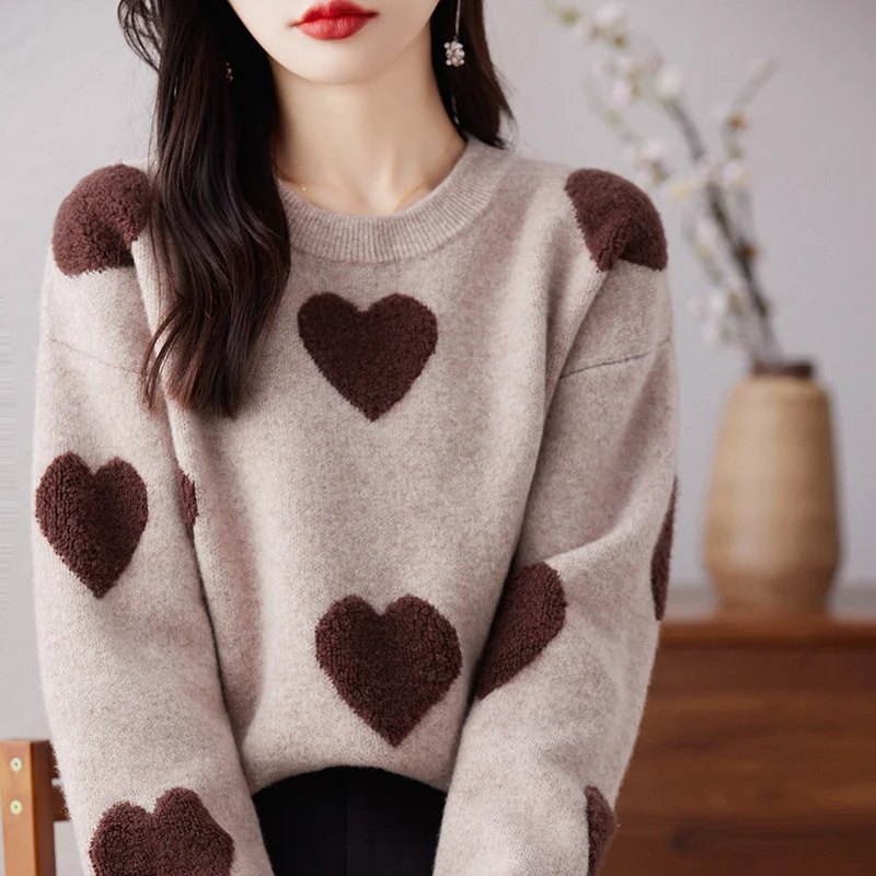 Toloer Toloer Dong Lady Long Sleeves Versatile Round Neck Sweater Sweater Jacket Jacket Korean Version Love Jacquard Loose Bottom Shirt-Outfit Ideas