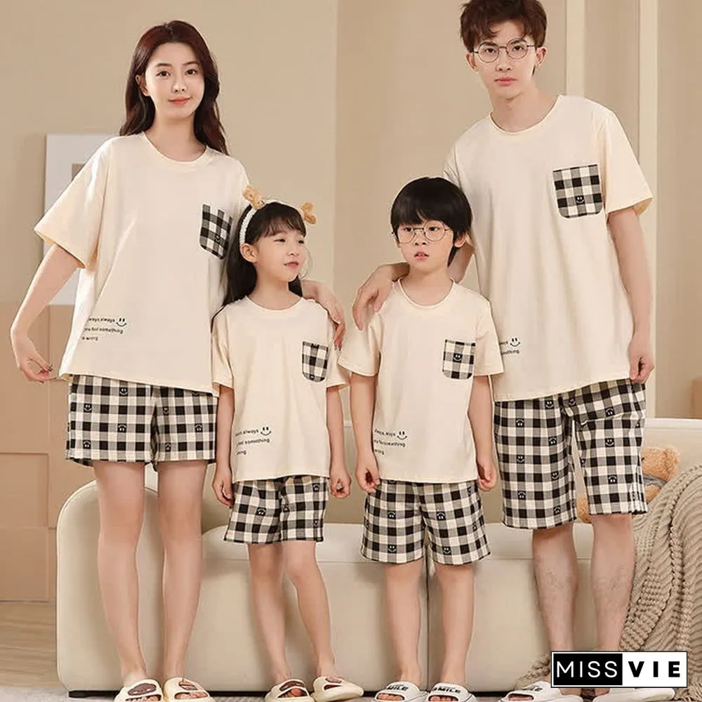 Smiling Face Lattice Summer Cotton Family Pajamas Matching Sets