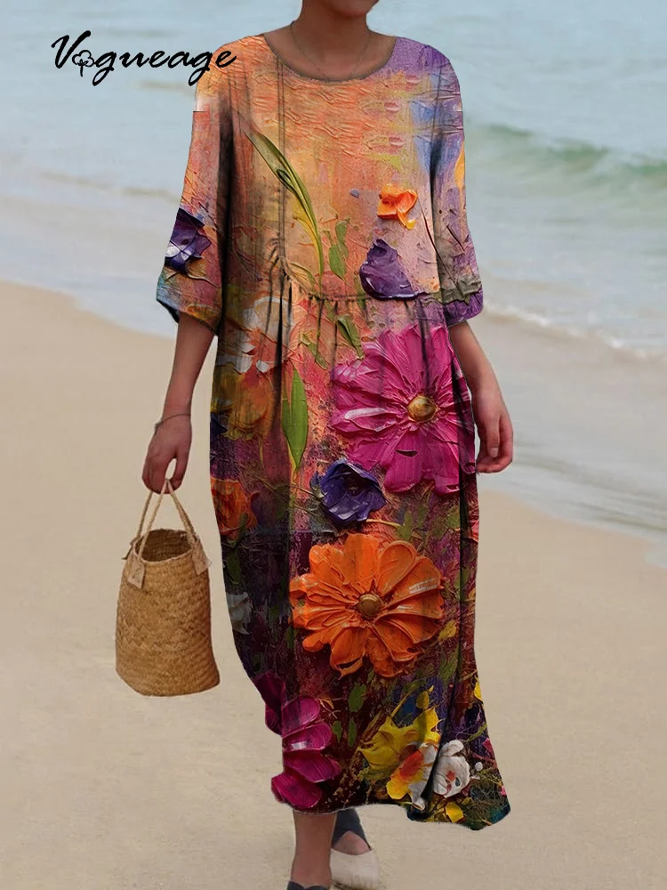 Beautiful And Bright Flowers Printed Women's Casual Cotton And Linen Dress