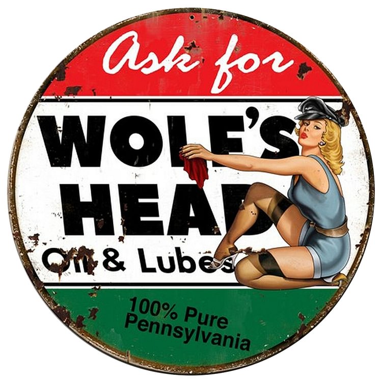 30*30cm - Wolf's Head Oil Pinup Girl - Round Tin Signs/Wooden Signs