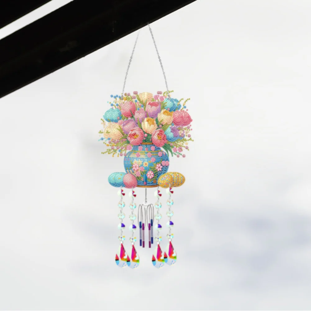 Double Sided Vase 5D DIY Diamond Art Painting Wind Bell Hanging Sign for Wall