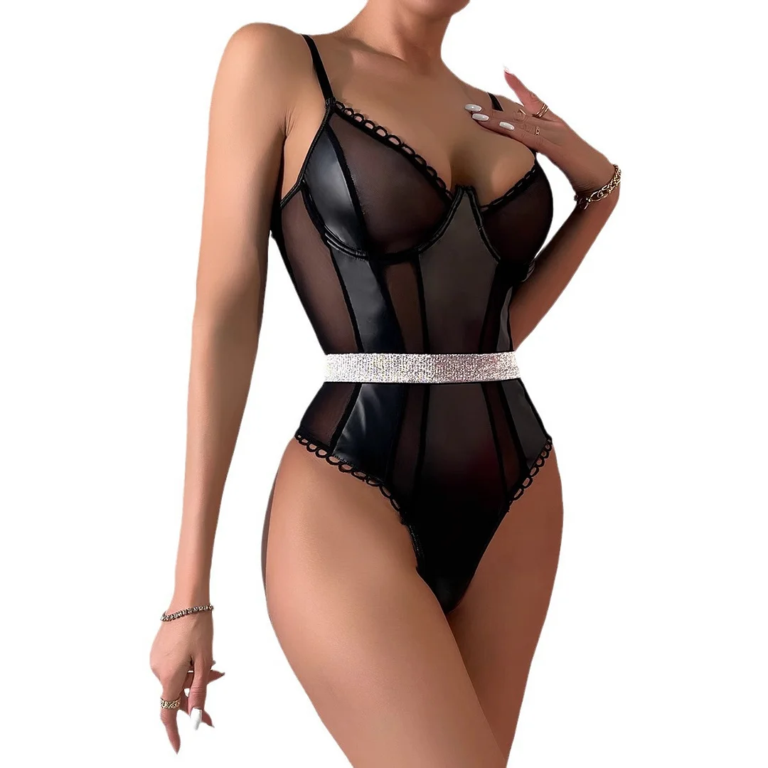 Churchf Churchf Style Sex Appeal Underwear Sexy Female Lacquer Leather Mesh Gauze Shape Tight Onesie Sex Suit