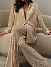 Women's Sequin Elegant Prom Party Deep V Neck Blazer &  Long Pants Set 