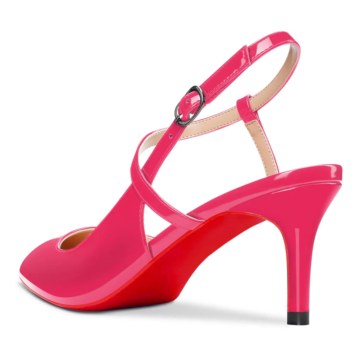 65mm Women Slingback Pumps Ankle Strap Jenlove Stiletto Mid Heel Close Pointed Toe Dress Red Bottoms Shoes-vocosishoes