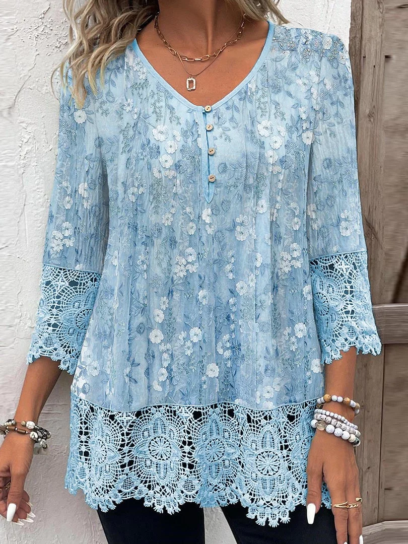 Style & Comfort for Mature Women Women 3/4 Sleeve V-neck Floral Graphic Button Lace Tops