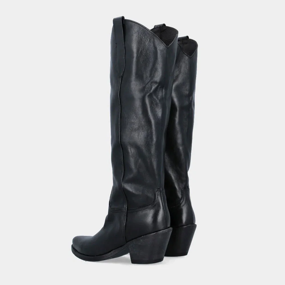 Vegan Leather Mid Block Heel Black Snip Toe Cowboy Boots for Women 