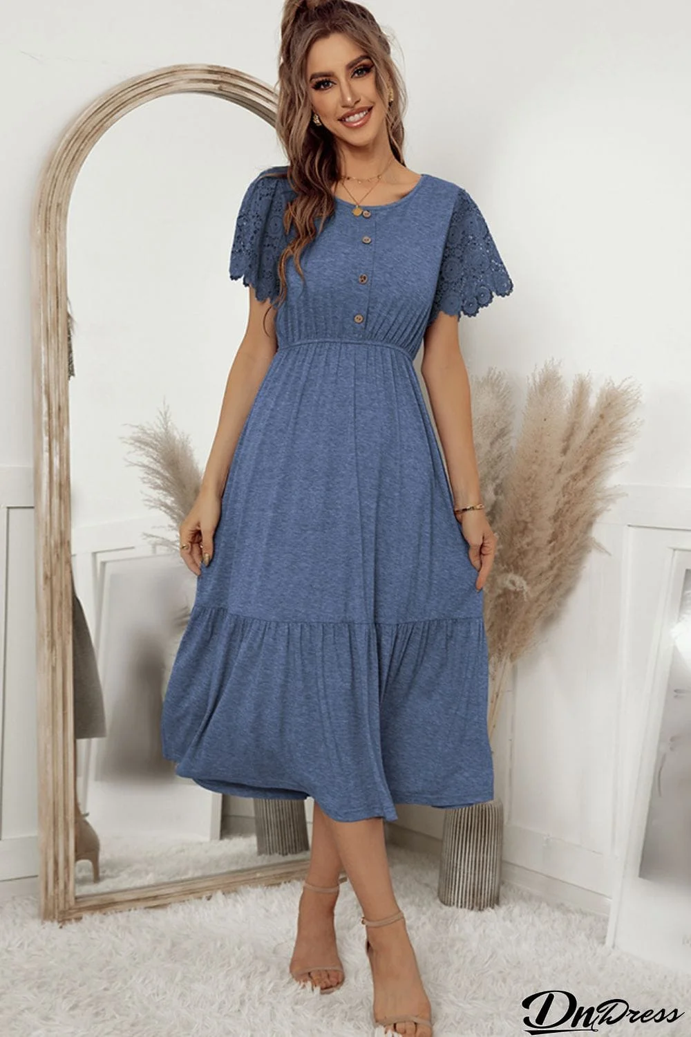 Decorative Button Round Neck Lace Sleeve Dress