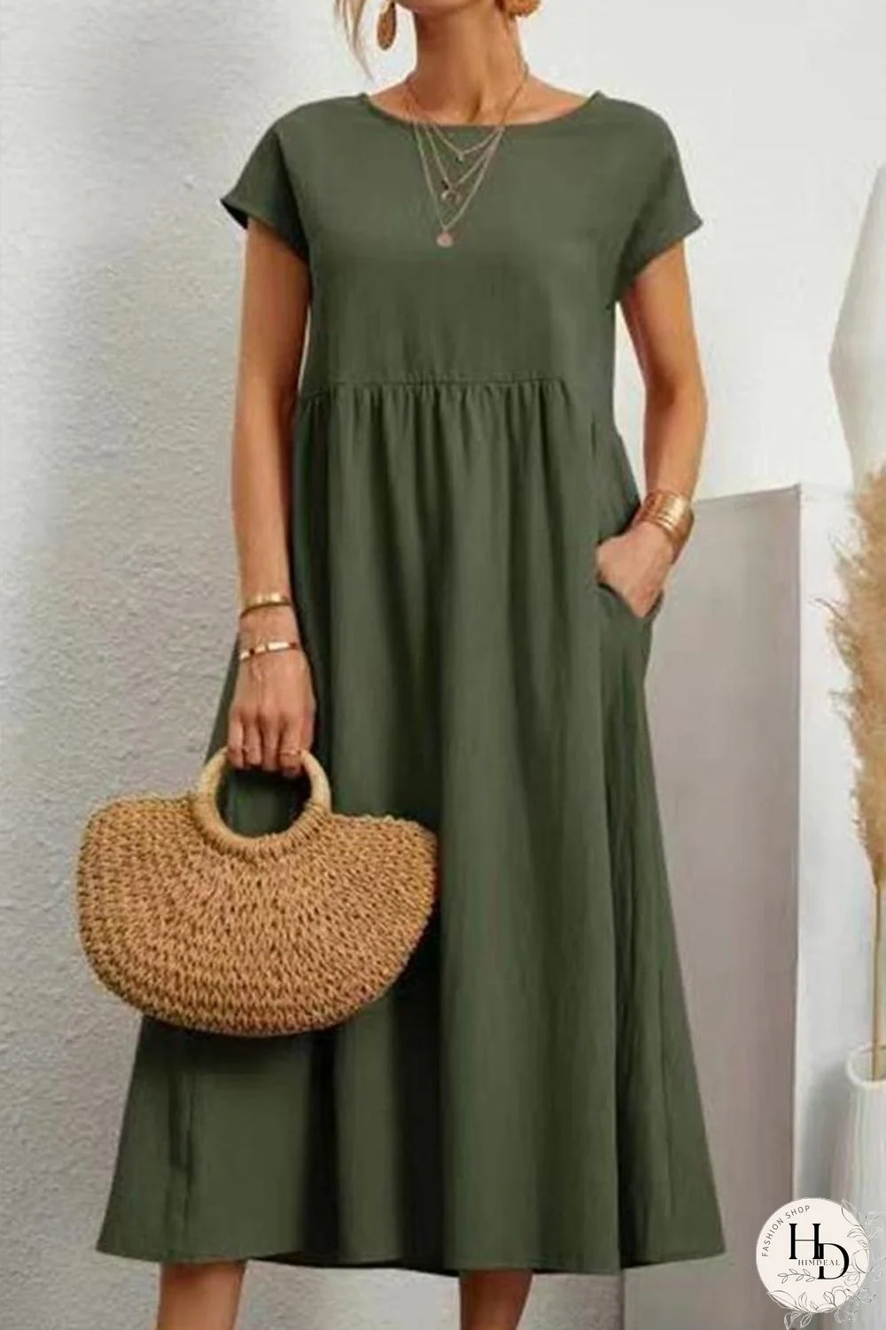 Casual Daily Solid Pocket O Neck Short Sleeve Dress