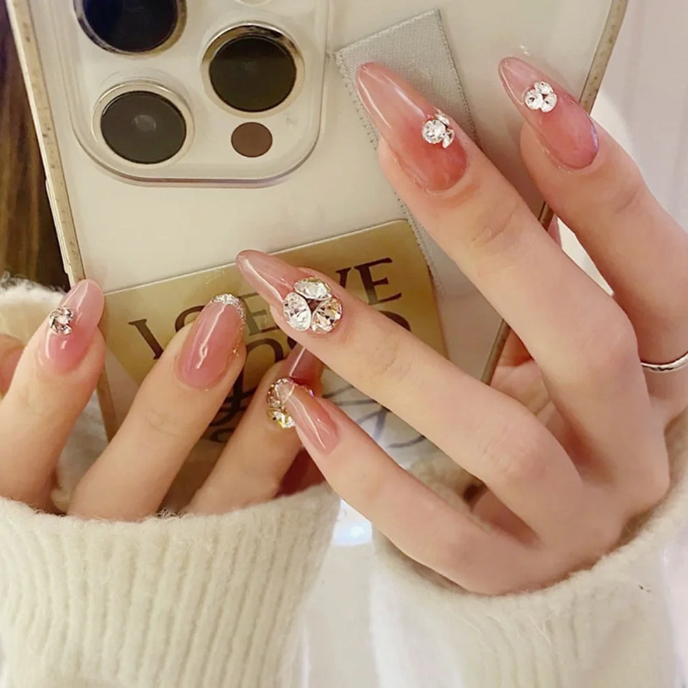 24PCS press on nails with glue sticker Jelly bean paste pile drill Manicure patch removable wearable full cover fake nail tips-Nail Inspo