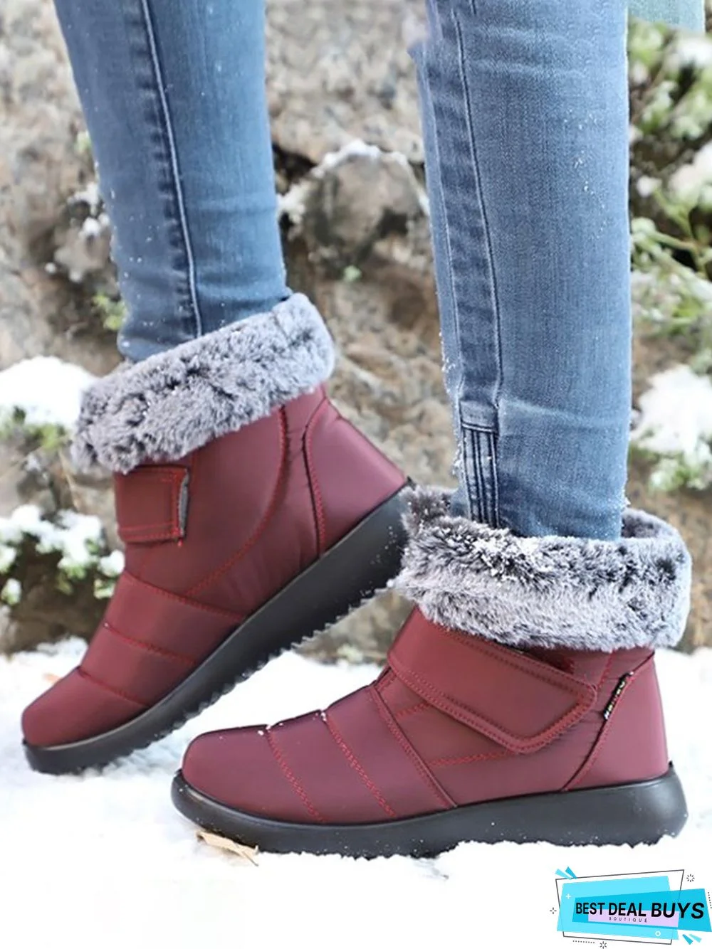 Faux Fur Cuff Snow Boots with Hook and Loop