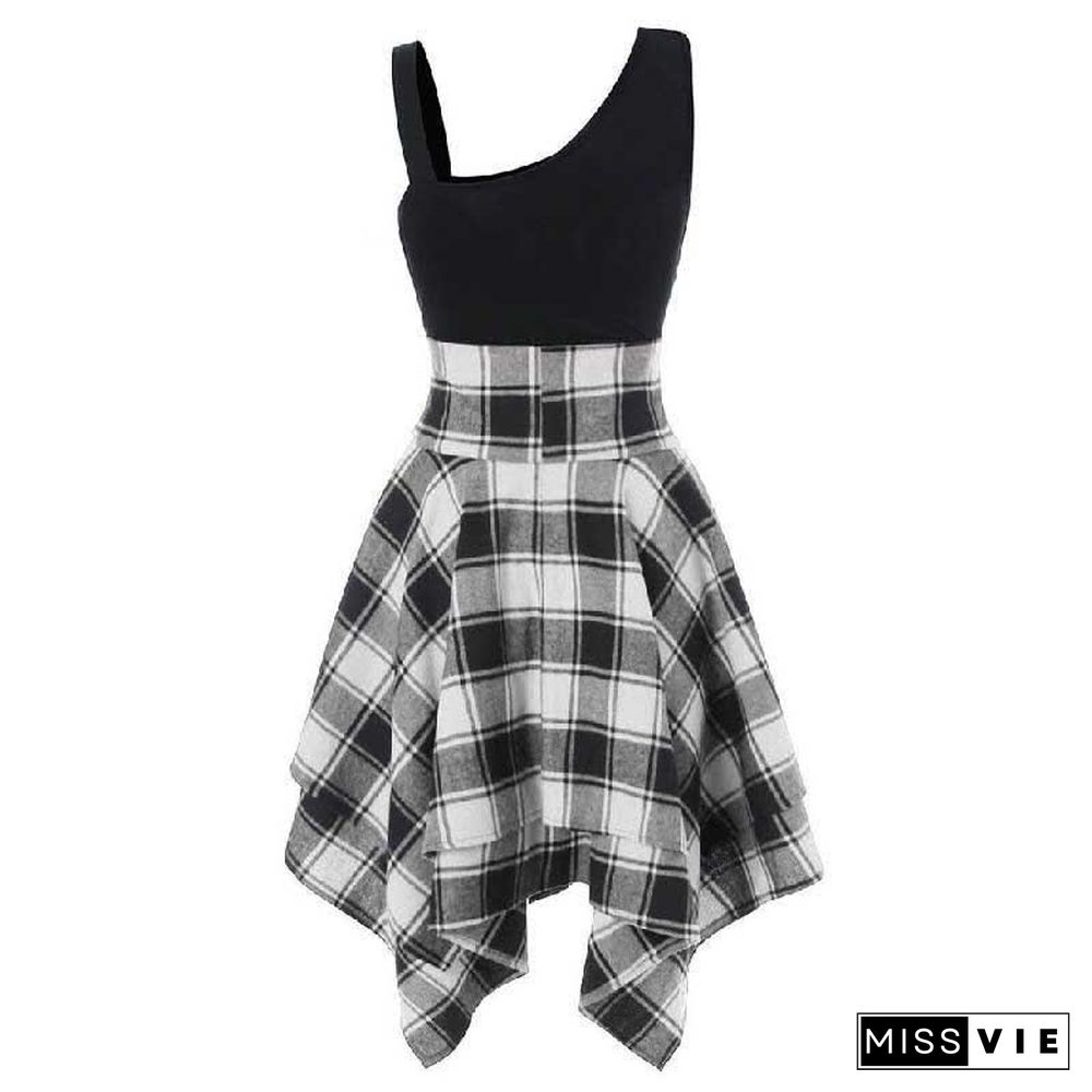 Contrast Plaid Elastic Waist Irregular Dress