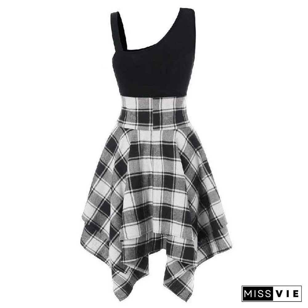 Contrast Plaid Elastic Waist Irregular Dress